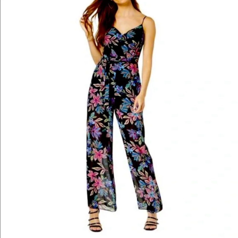 Guess Black and Floral Jumpsuit with Sweetheart Neckline Size 6